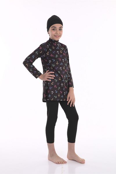 bazaar-turkey all you need Girl's Tights Long Sleeve Anchor Patterned Hijab Swimsuit 1900-2