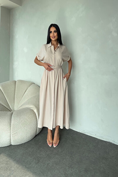 kamacibutik Καλοκαιρινό φόρεμα από λινό ύφασμα με γιακά πουκάμισο με κουμπιά