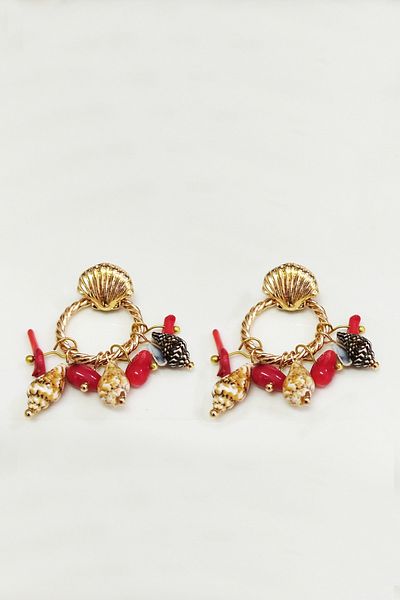 Glaren Bohemian Gold Color Women's Earrings with Seashell and Red Coral Detail