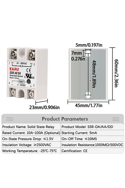EARUELETRIC Da Ssr-25a Ssr-25da Ssr-40da Ssr-40aa Ssr-40dd Ssr 10a 25a 40a 60a 80a 100a Dd Da Aa Solid State Rel