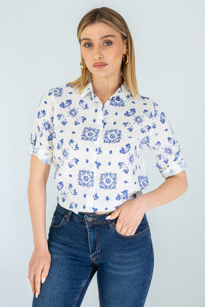 Nuevo Cămașă pliată cu mâneci de in cu model albastru pentru femei