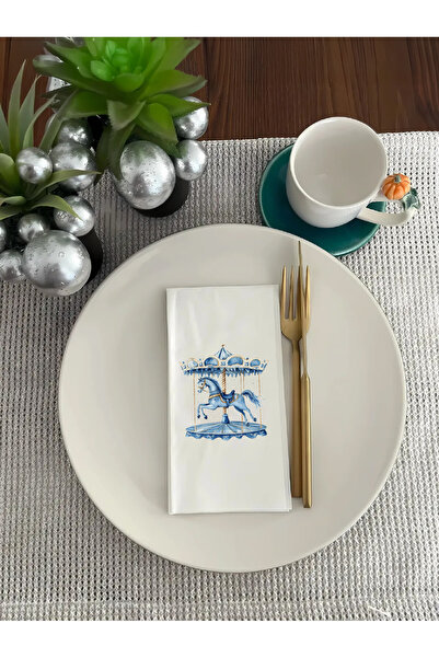 BYBAGS Mavi Atlıkarınca Desenli Baskılı Misafir Sunum Peçetesi 20'li Paket 33x33