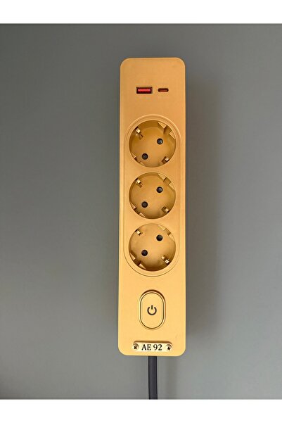 AE 92 Grup Priz Gold 3lü Topraklı Anahtarlı 3 Metre Kablolu Usb Type-c Hızlı Şarjlı Premium