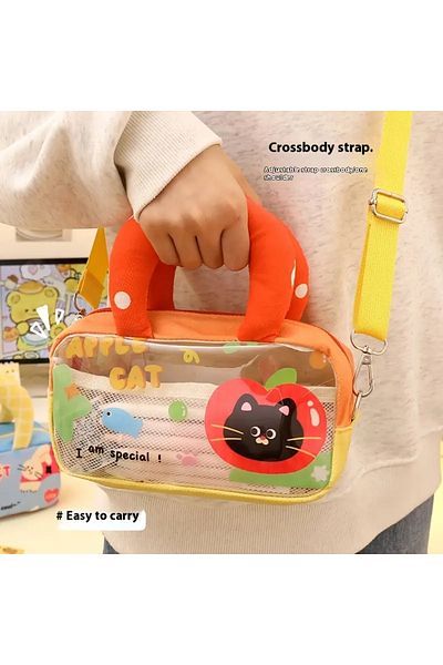 GlassySKY Cute Cat Large Capacity with Strap Transparent Pencil Case Pen Holder Makeup Purse Stationery Office Material