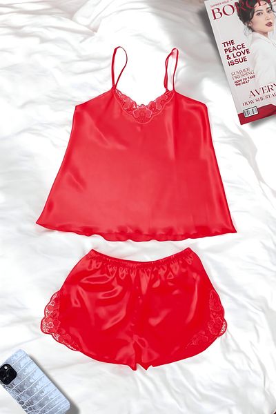 Luvensa Red Satin Lace Plus Size Pajama Set