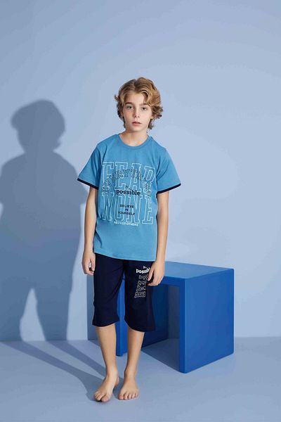 Tarık Male Child Sportswear Fear None T-Shirt Capri Bottom Crew Neck Medium Thick Pajamas Set-3922
