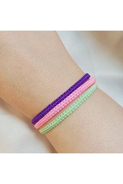 Crystal Atelier Set of 3 Purple Pink Water Green Adjustable Knitted Macrame B...
