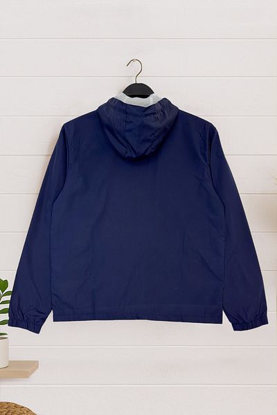 BESSA Men's Navy Blue Raincoat Seasonal Water Repellent Fabric Hooded Zippered Pocket Mesh Interior Design