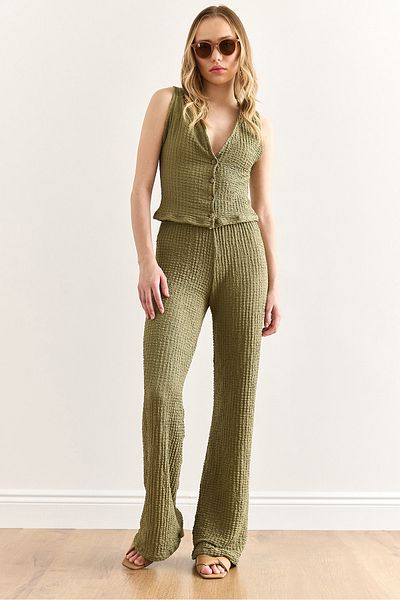 Olalook Women's Khaki Textured Vest Pants Suit Tkm-19000392