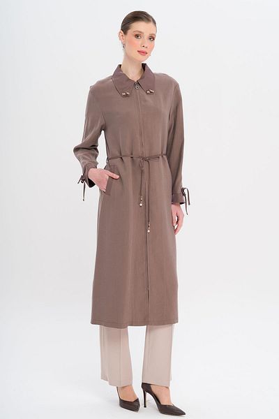 Olcay Unlined Modal Cap with Beaded Collar and Drawstring Detail Brown 6751
