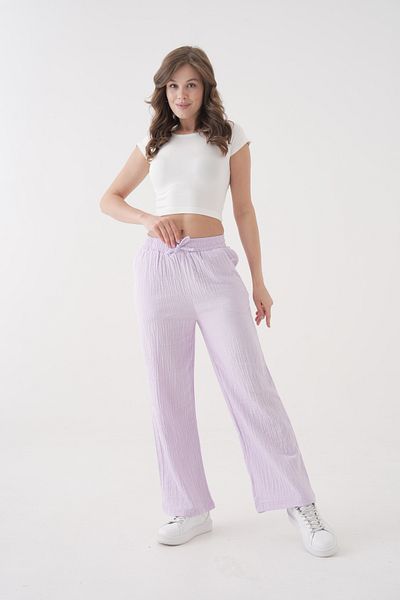 saint majesta Women's Summer Muslin Trousers 100% Cotton Wide Leg with Pockets (Sm25)
