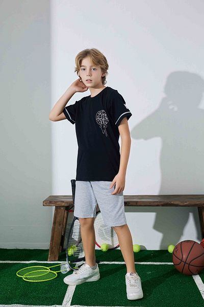 Tarık Male Child Sportswear Basket T-Shirt Sweatshirt Bottom Crew Neck Medium Thick Pajamas Set-3946