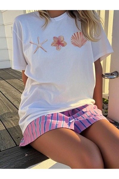 PALPİTO Tricou oversize cu imprimeu alb cu stele de mare pentru femei