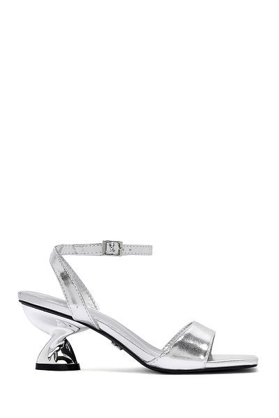 Derimod Women's Silver Ankle Buckle Thick Heeled Metallic Sandals 25Sfe451632