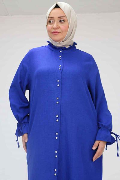 Eslina 58049 سترة كتان بياقة مكشكشة مقاس كبير - ساكس