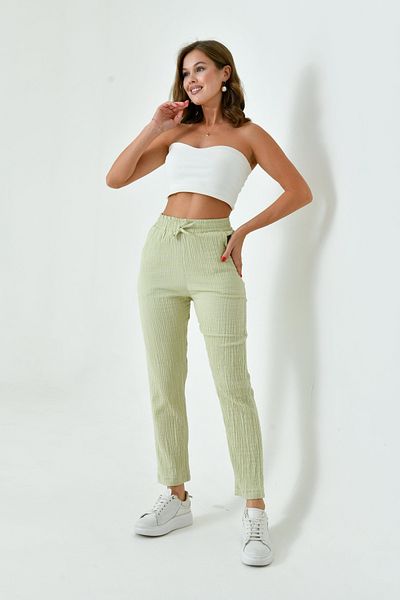 saint majesta Women's 100% Cotton Muslin Skinny Leg Trousers – Comfortable, Pocketed and Elastic Waist Loose Model Sm025