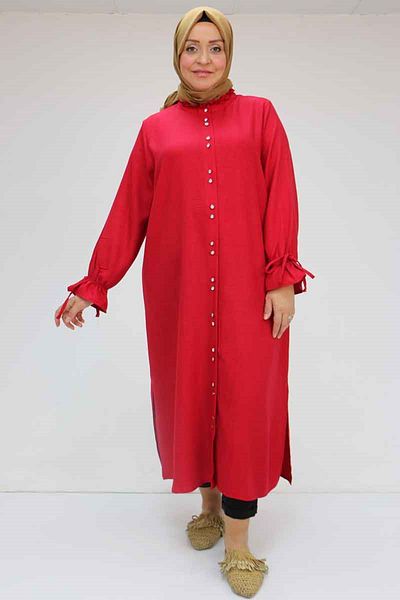 Eslina 58049 Large Size Linen Tunic with Ruffle Collar - Claret Red