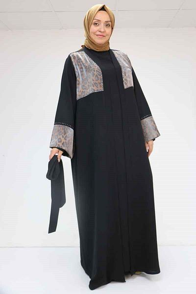 Eslina 57207 plus size garni detailed etamine dress abaya - black
