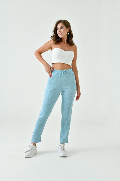saint majesta Women's 100% Cotton Muslin Skinny Leg Trousers – Comfortable, Pocketed and Elastic Waist Loose Model Sm025