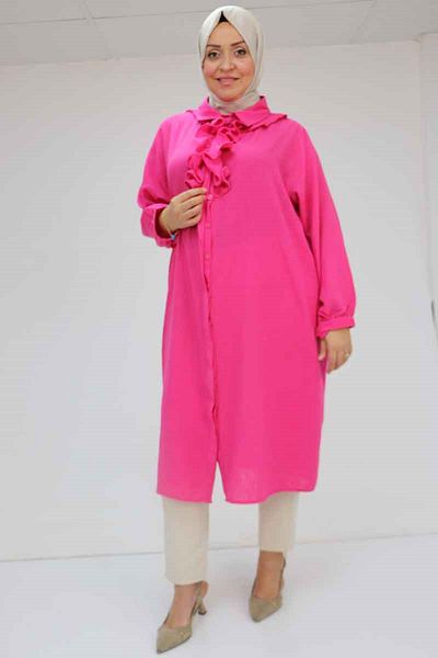 Eslina 58029 Large Size Ruffled Buttoned Linen Shirt - Fuchsia