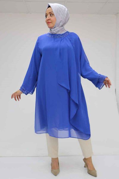 Eslina 58015 Large Size Chiffon Tunic with Stone Detail on Collar - Saks