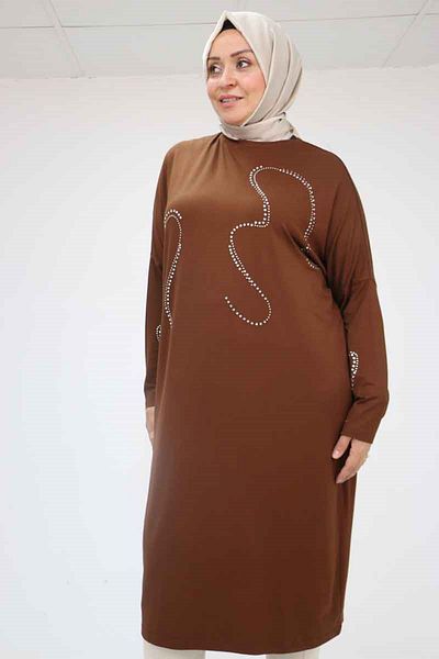 Eslina 58066 Large Size Low Sleeve Stone Printed Combed Cotton Tunic - Brown