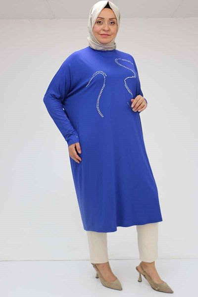 Eslina 58066 Large Size Low Sleeve Stone Printed Combed Cotton Tunic - Indigo