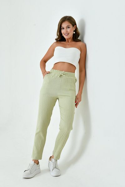 saint majesta Women's 100% Cotton Muslin Skinny Leg Trousers – Comfortable, Pocketed and Elastic Waist Loose Model Sm025