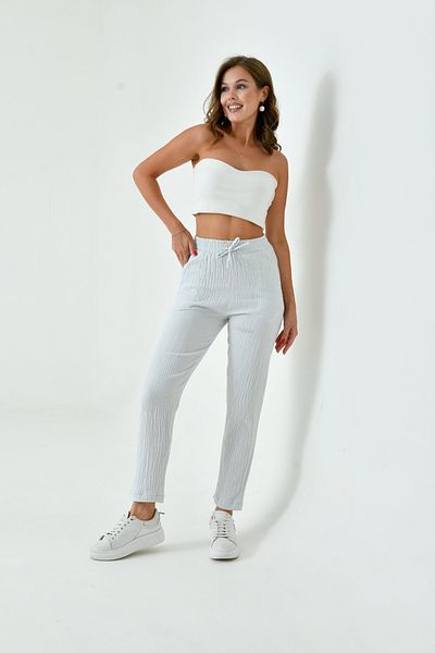 saint majesta Women's 100% Cotton Muslin Skinny Leg Trousers – Comfortable, Pocketed and Elastic Waist Loose Model Sm025