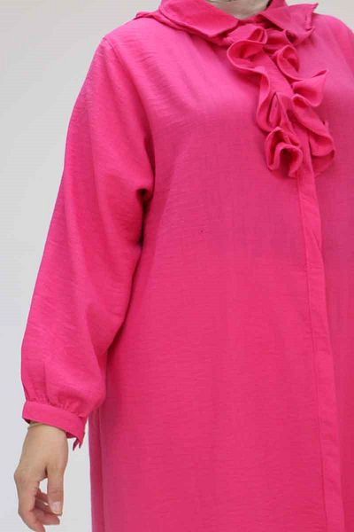 Eslina 58029 Large Size Ruffled Buttoned Linen Shirt - Fuchsia