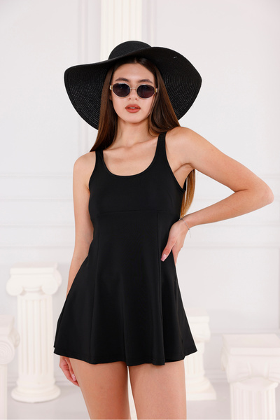 incy style Askılı Etekli Şortlu Göğüs Pedli Kadın Deniz Elbise Mayo Siyah