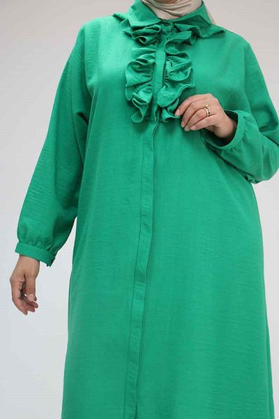 Eslina 58029 Large Size Ruffled Front Buttoned Linen Shirt - Benetton