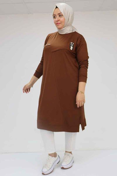 Eslina 58003 Large Size Combed Cotton Tunic with Crest and Stone Detail - Brown