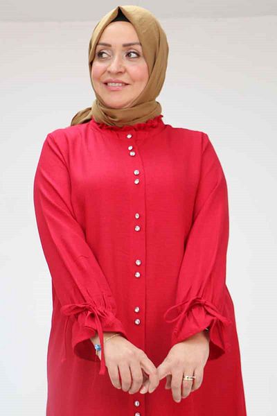 Eslina 58049 Large Size Linen Tunic with Ruffle Collar - Claret Red