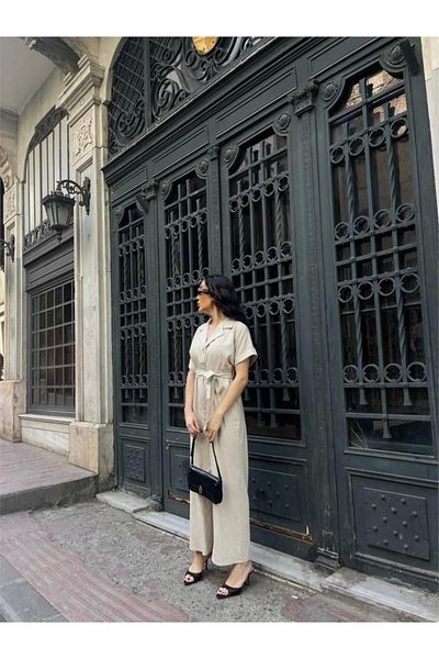 isez Linen Jumpsuit with Waist Tie Detail - Cream