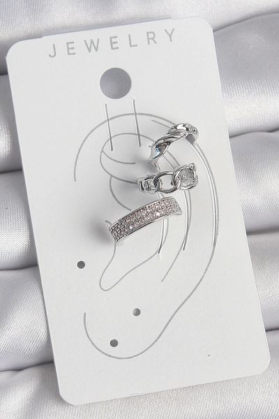 Clariss Brass Silver Color Zircon Stone 3-Piece Chain Spiral Model Women's Cartilage Earrings