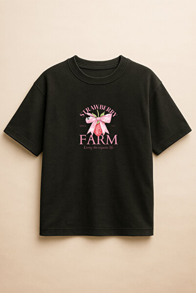 Altair Tr تي شيرت أسود اللون كبير الحجم مطبوع عليه فراولة مزرعة الفراولة للجنسين