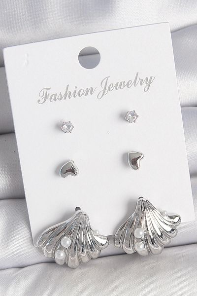 Clariss Brass Silver Color Zircon Stone Detailed Pearl Detailed Sea Shell Model 3 Pair Women Earrings