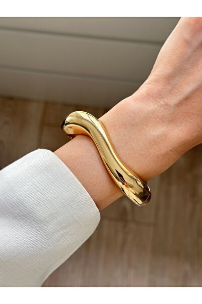 YOUES JEWELRY 316l Çelik Kalın Kelepçe Bileklik Dalgalı Bilezik 14k Altın Kap...