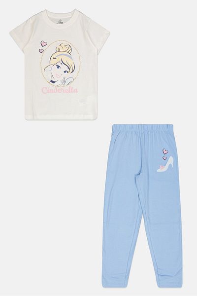 Disney Kids Girl 2 Pieces Cinderella Pajama Set, White/blue