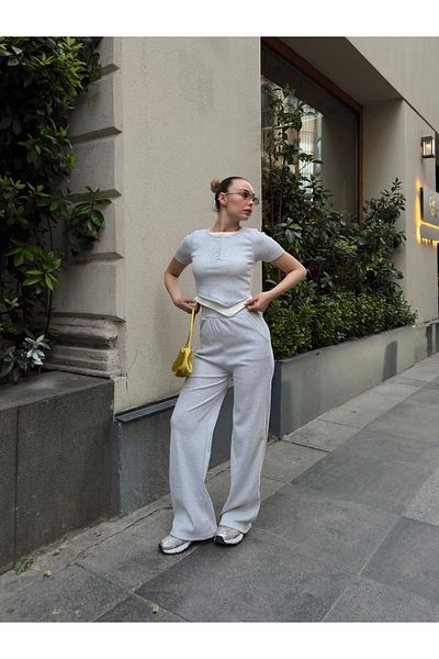 ufukmoda Button Collar Gray Bottom Top Suit S3943