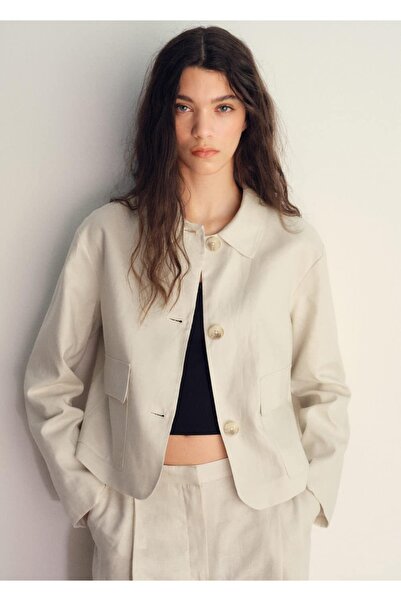 MANGO Woman Jacket with Pockets Linen Blend