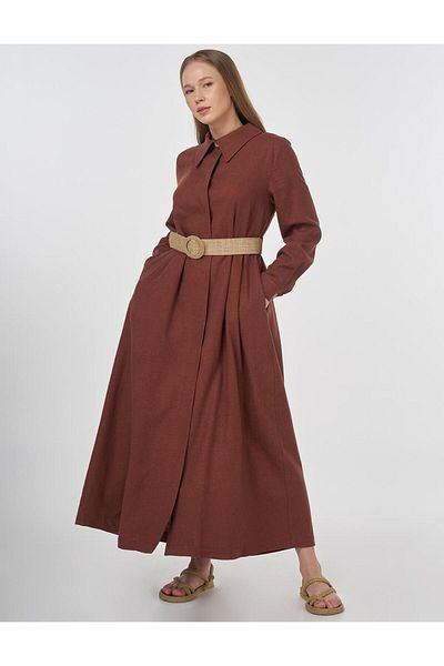 Kayra Straw Belt Detailed Linen Viscose Overcoat Brown