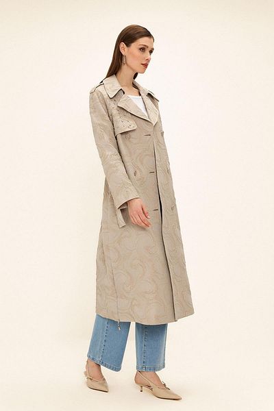 Olcay Trench din jacquard cu sclipici, căptușit cu detalii de piatră, cu fermoar pe laterale TAŞ 6725