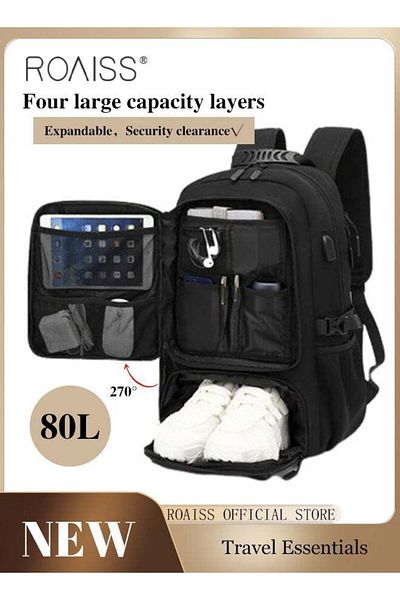 ROAISS Men's Outdoor Sports Mountaineering Bag, External Charging Port, Independent Shoe Compartment, Large