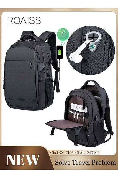 ROAISS Business Backpack With Usb Charging Port And Headphone Plug Waterproof Travel Backpack College Schoo