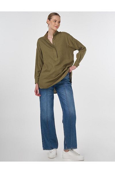 KYR Pearl Embroidered Linen Blended Tunic Khaki