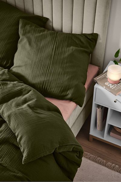 Tchibo 2 Pieces Double Crinkle Textured Muslin Duvet Cover Set, Dark Olive