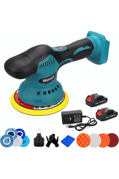 Wemart Cordless Car Polisher 21V, Portable Polisher 16cm with 6 Variable Speeds, 2 Batteries 2.0 Amp Hr