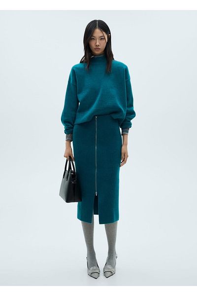 MANGO Woman Fusta midi tricot cu fermoar
